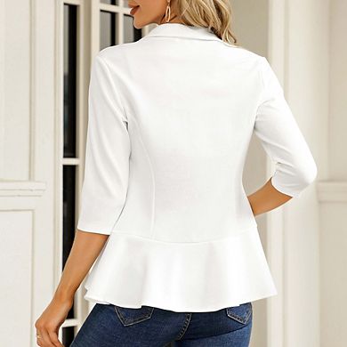 Womens Blazer Cardigan Lapel Three Quarter Sleeves Peplum Hem Single Button Jackets