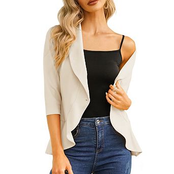 Womens Blazer Cardigan Lapel Three Quarter Sleeves Peplum Hem Single Button Jackets