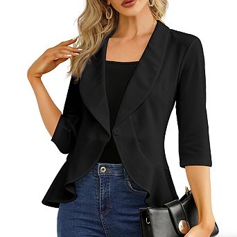 Womens Blazer Cardigan Lapel Three Quarter Sleeves Peplum Hem Single Button Jackets