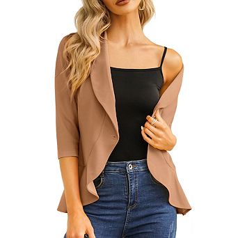 Womens Blazer Cardigan Lapel Three Quarter Sleeves Peplum Hem Single Button Jackets