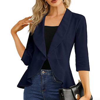 Womens Blazer Cardigan Lapel Three Quarter Sleeves Peplum Hem Single Button Jackets