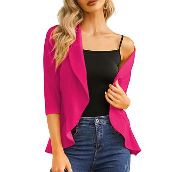 Womens Blazer Cardigan Lapel Three Quarter Sleeves Peplum Hem Single Button Jackets
