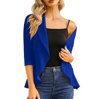 Womens Blazer Cardigan Lapel Three Quarter Sleeves Peplum Hem Single Button Jackets