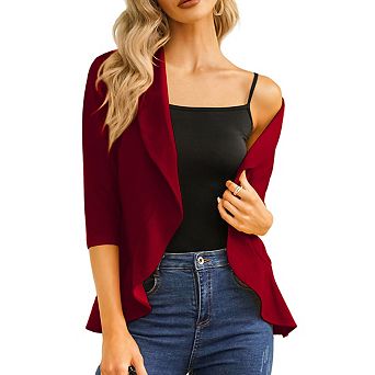 Womens Blazer Cardigan Lapel Three Quarter Sleeves Peplum Hem Single Button Jackets