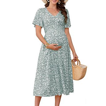 Women's Maternity Midi Dress V Neck Short Flutter Sleeves Floral Pattern Baby Shower Dress