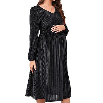 Women's Maternity Midi Dress V Neck Long Puff Sleeves Ribbed Smocked Waist Velvet Dress