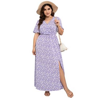 Women's Plus Size Floral Maxi Dress - V-Neck Side Slit Casual Dress for Daily Wear