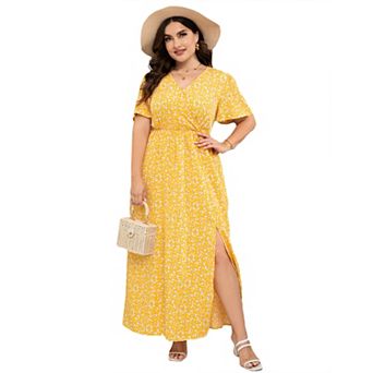 Women's Plus Size Floral Maxi Dress - V-Neck Side Slit Casual Dress for Daily Wear