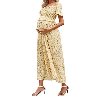 Women's Maternity Maxi Dress Square Neck Short Flutter Sleeves Floral Baby Shower Dress