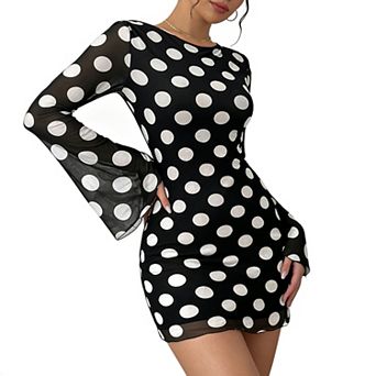 Women's Polka Dot Sheer Bell Sleeve Mini Dress - Bodycon Party Dress for Casual Evening Wear