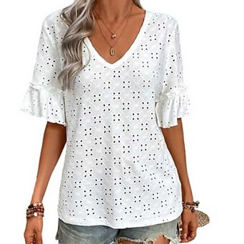 Women's Eyelet Blouse, V-Neck Ruffle Short Sleeve Knit Embroidered T-Shirt for Casual Daily Wear
