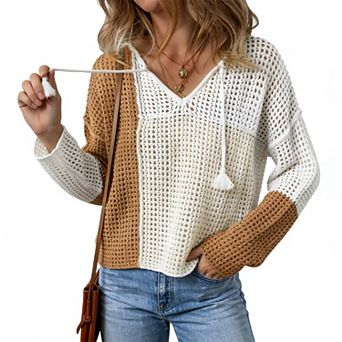 Women's Color-Block Openwork Knit Top - Drawstring V-Neck Casual Sweater