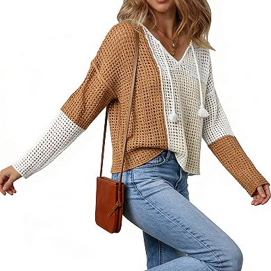 Women's Color-Block Openwork Knit Top - Drawstring V-Neck Casual Sweater