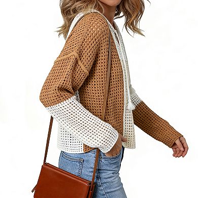 Women's Color-Block Openwork Knit Top - Drawstring V-Neck Casual Sweater