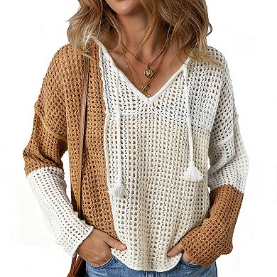 Women's Color-Block Openwork Knit Top - Drawstring V-Neck Casual Sweater