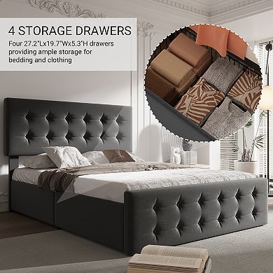 Noise-Free Bed Frame,4 Storage Drawers,Adjustable Headboard, Easy Assembly & No Box Spring Required
