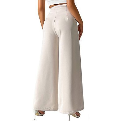 Womens High Waist Pleated Side Pockets Elegant Casual Wide Leg Pants