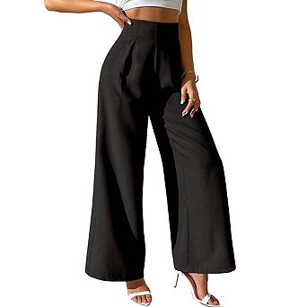 Womens High Waist Pleated Side Pockets Elegant Casual Wide Leg Pants