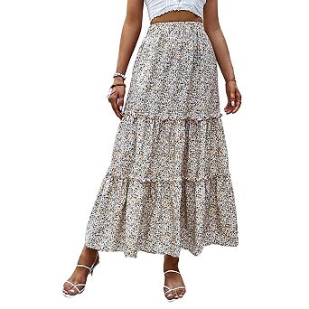 Women High Waist Boho Floral Maxi Skirt Trendy Casual Flowy Swing Pleated A Line Beach Long Skirts