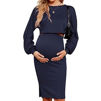Womens Maternity Two Piece Set Round Neck Long Puff Sleeves Stretch Waist Skirt Casual Sets