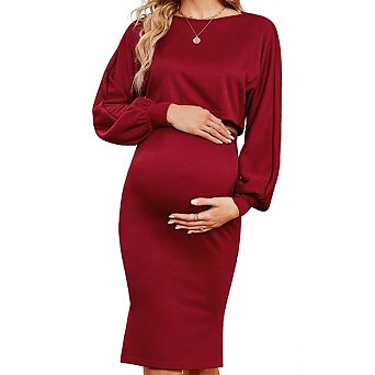 Womens Maternity Two Piece Set Round Neck Long Puff Sleeves Stretch Waist Skirt Casual Sets
