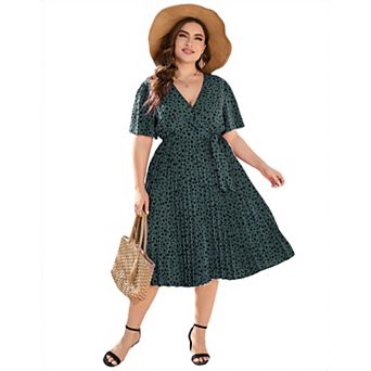Women's Plus Size Floral Wrap Midi Dress - Short Sleeve Belted Casual Dress for Daily Wear