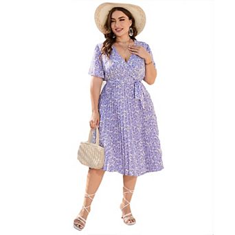 Women's Plus Size Floral Wrap Midi Dress - Short Sleeve Belted Casual Dress for Daily Wear