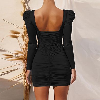 Women's Bodycon Square Neck Long Puff Sleeves Ruched Open Back Mini Dress