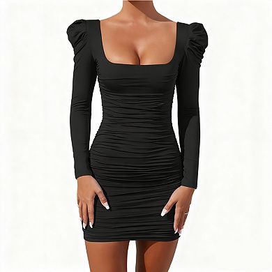 Women's Bodycon Square Neck Long Puff Sleeves Ruched Open Back Mini Dress