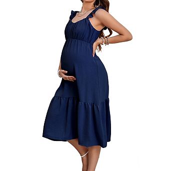 Womens Maternity Midi Dress Square Neck Ruffled Sleeveless Straps Flowy Tiered Dress