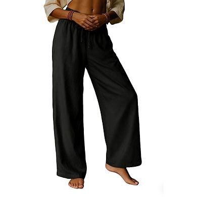 Womens Elastic Waist Drawstring Lightweight Side Pockets Relaxed Wide Leg Pants