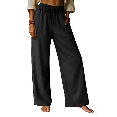 Womens Elastic Waist Drawstring Lightweight Side Pockets Relaxed Wide Leg Pants