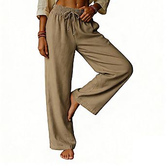 Womens Elastic Waist Drawstring Lightweight Side Pockets Relaxed Wide Leg Pants