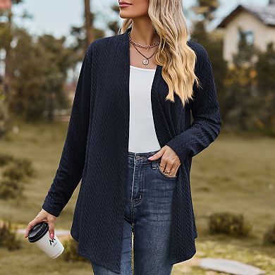 Womens Open Front Cardigan V Neck Long Sleeves Cable Knit Relaxed Fit Casual Tops