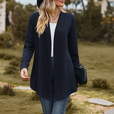 Womens Open Front Cardigan V Neck Long Sleeves Cable Knit Relaxed Fit Casual Tops