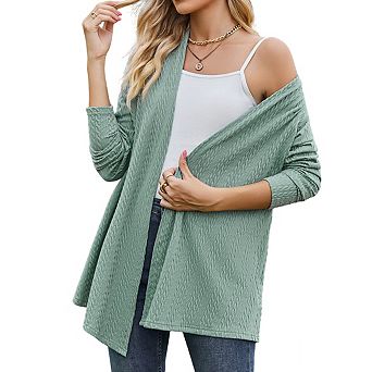 Womens Open Front Cardigan V Neck Long Sleeves Cable Knit Relaxed Fit Casual Tops