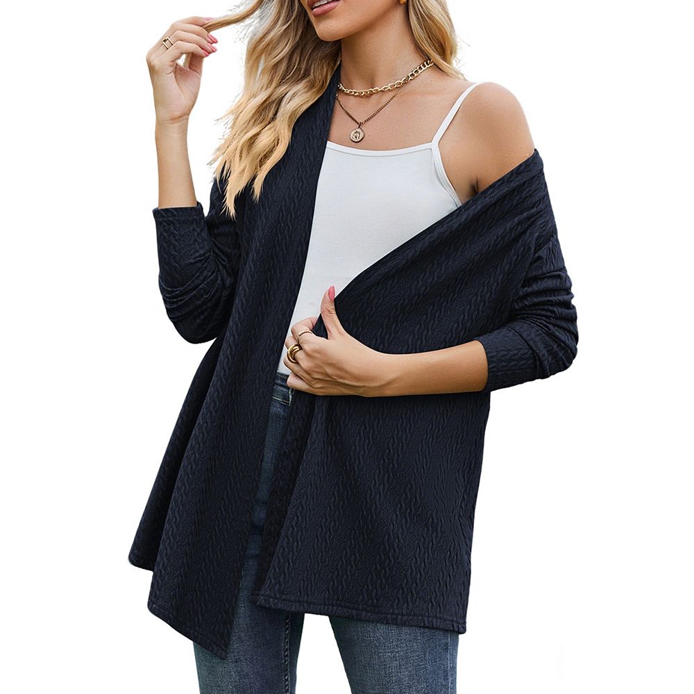 Womens Open Front Cardigan V Neck Long Sleeves Cable Knit Relaxed Fit ...