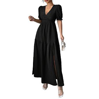 Women's V Neck Short Puff Sleeves Ruched Fabric Side Slit Tiered Maxi Dress