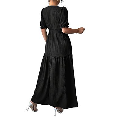 Women's V Neck Short Puff Sleeves Ruched Fabric Side Slit Tiered Maxi Dress