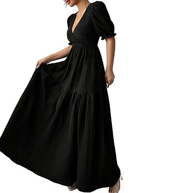 Women's V Neck Short Puff Sleeves Ruched Fabric Side Slit Tiered Maxi Dress
