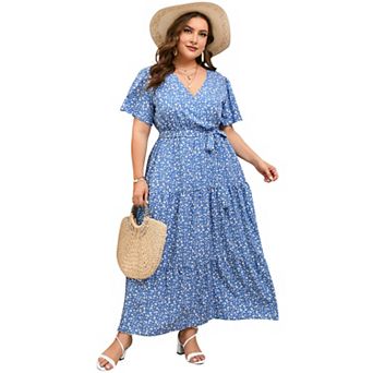 Women's Plus Size Floral Wrap Tiered Maxi Dress - V-Neck Belted Casual Dress for Daily Wear