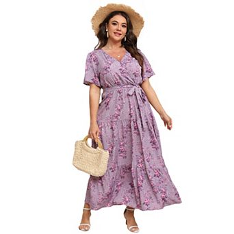 Women's Plus Size Floral Wrap Tiered Maxi Dress - V-Neck Belted Casual Dress for Daily Wear