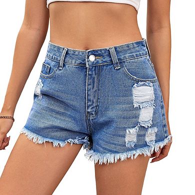 Womens High Waist Distressed Frayed Hem Side Pockets Casual Denim Shorts