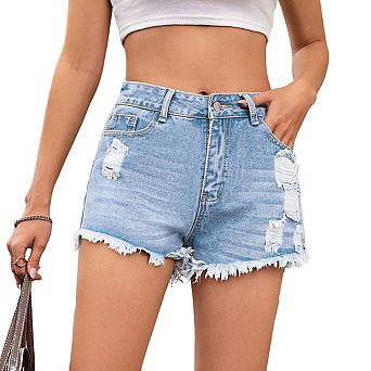 Womens High Waist Distressed Frayed Hem Side Pockets Casual Denim Shorts