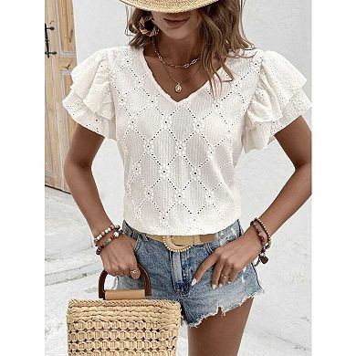 Women's V-Neck Eyelet Blouse, Double Ruffle Short Sleeve Solid Casual Top for Daily & Summer Wear