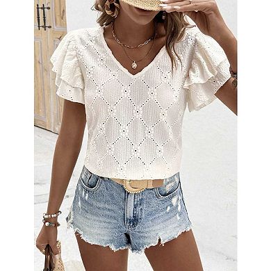 Women's V-Neck Eyelet Blouse, Double Ruffle Short Sleeve Solid Casual Top for Daily & Summer Wear