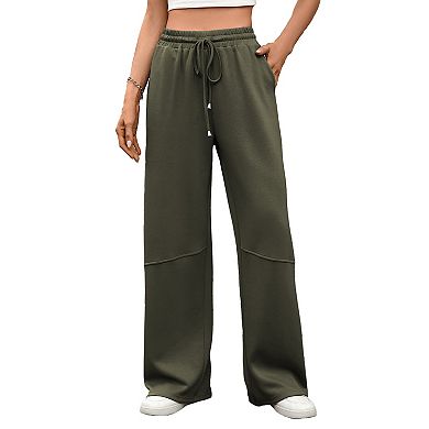 Womens Elastic Waist Drawstring Wide Leg Casual Relaxed Pants with Side Pockets Errands