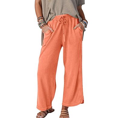 Womens Elastic Waist Drawstring Wide Leg Soft Side Pockets Casual Cropped Pants