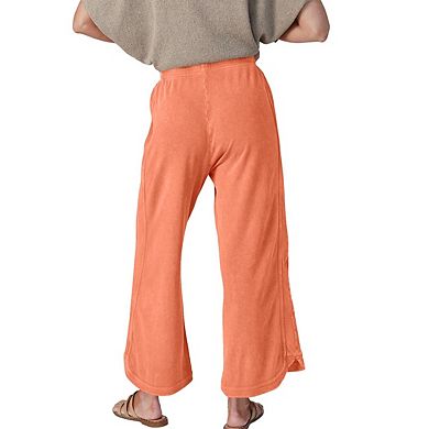 Womens Elastic Waist Drawstring Wide Leg Soft Side Pockets Casual Cropped Pants