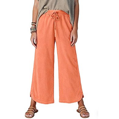 Womens Elastic Waist Drawstring Wide Leg Soft Side Pockets Casual Cropped Pants